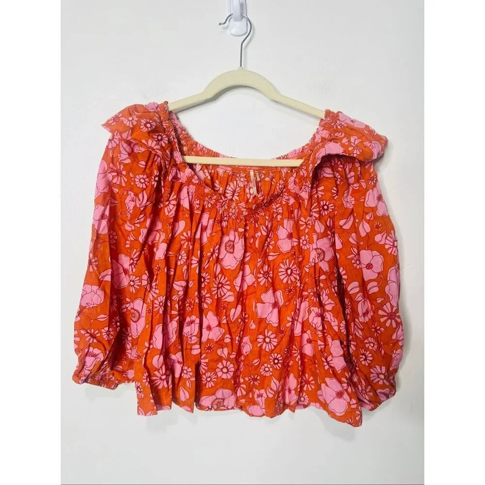 Free People Miss Daisy Heat Wave Combo Top Orange Pink Floral Sz S Ruffle Should